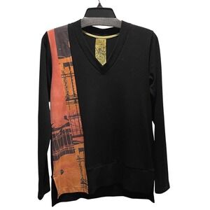 Volt Design‎ Black V Neck Long Sleeve Top Graphic Print Panel Size 2 Small